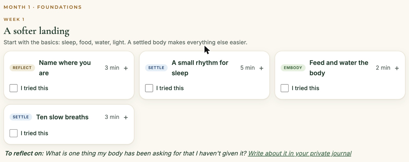 A real screen from the platform: Week 1 of a guided path with short practices, each with a time and a 'tried this' check