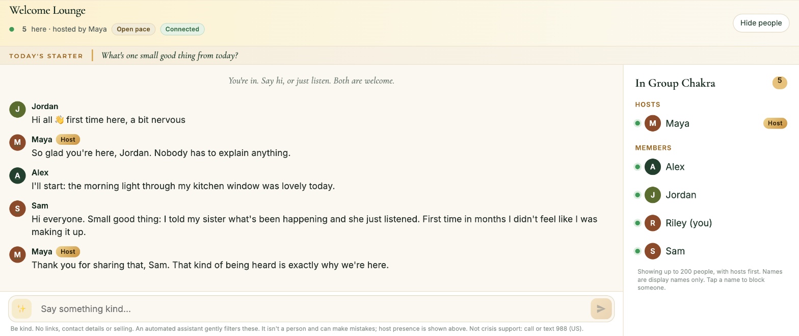 A real screen from the platform: the Group Chakra live chat with a starter question, friendly messages and people online